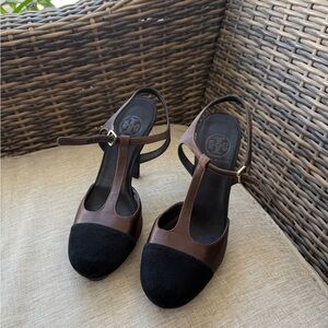 Tory Burch Brown and Black T-Strap Heels